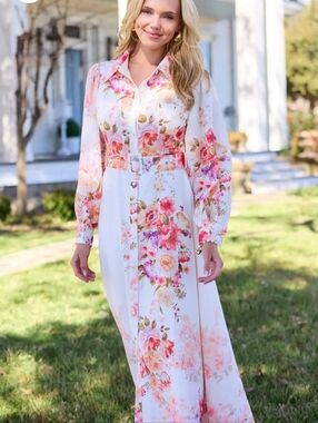 White Floral Button-Front Maxi Dress with Belt